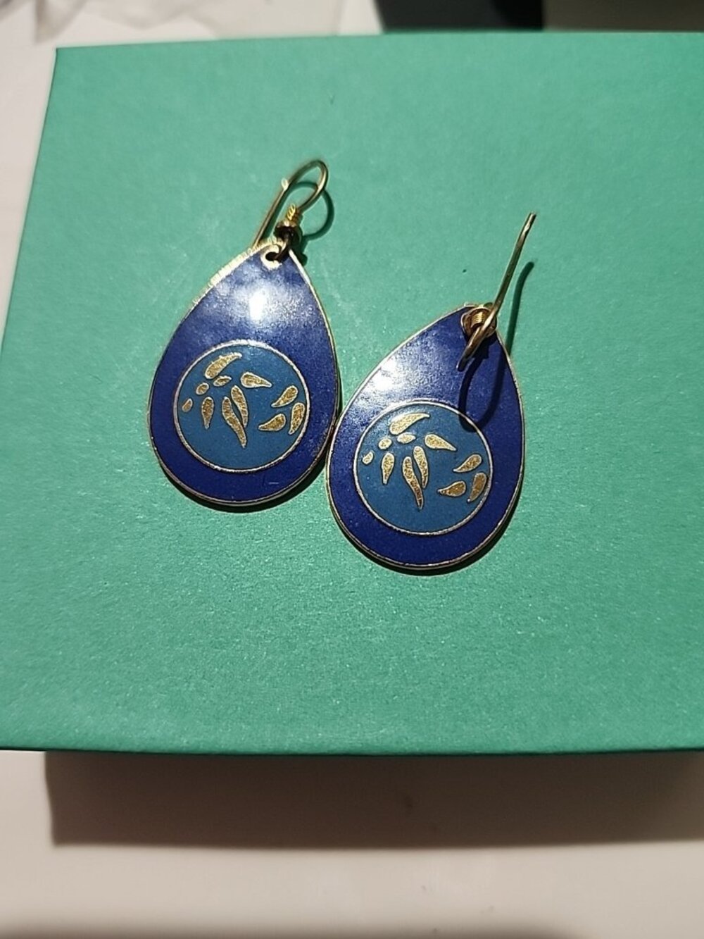 Laurel Burch Two Tone Blue Gold Bamboo Leaves Pierced Dangle Earrings